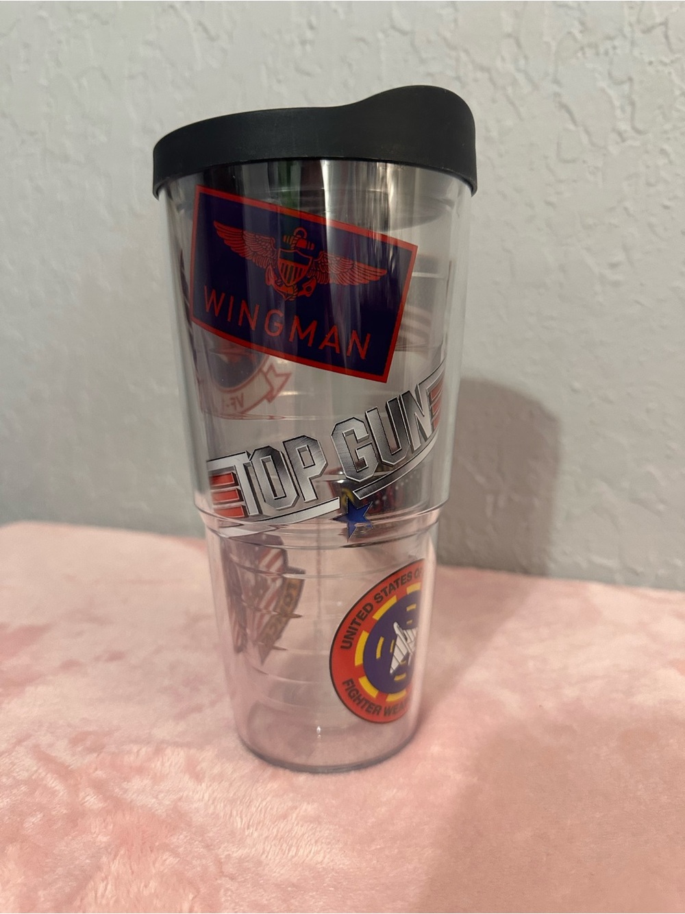 tervis Top Gun Clear Tumbler with Black Lid and Red/Blue Decals